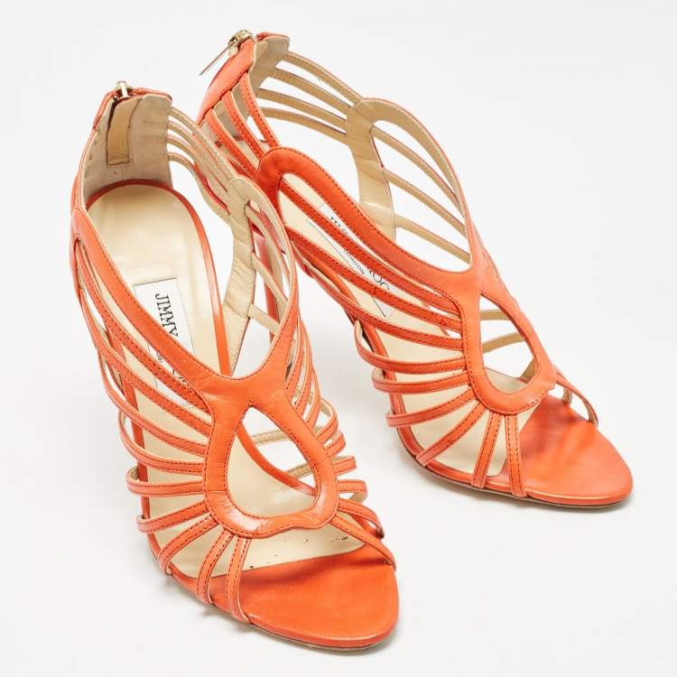 Pre Owned Jimmy Choo Orange Leather Strappy Open Toe Sandals Size 39