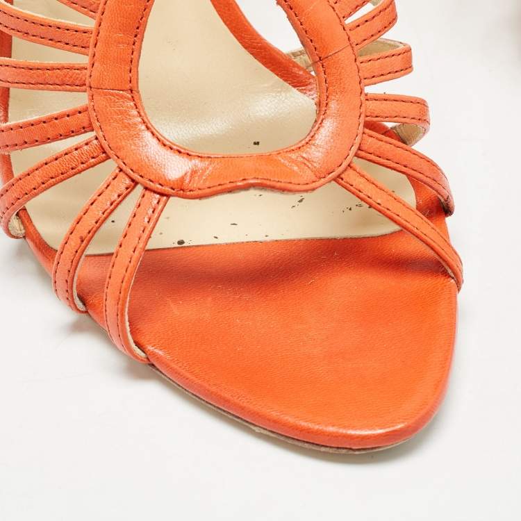 Pre Owned Jimmy Choo Orange Leather Strappy Open Toe Sandals Size 39