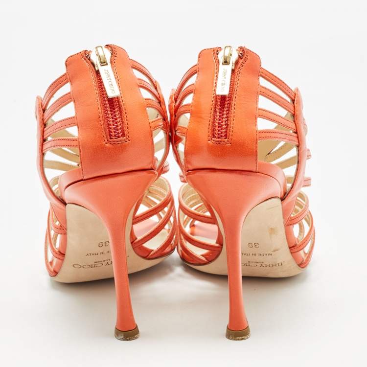 Pre Owned Jimmy Choo Orange Leather Strappy Open Toe Sandals Size 39