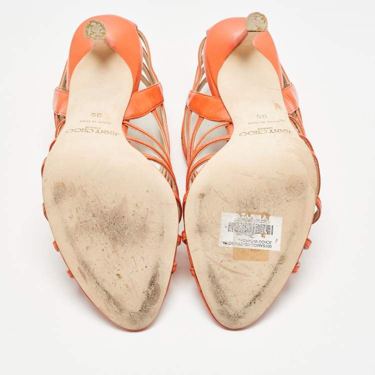 Pre Owned Jimmy Choo Orange Leather Strappy Open Toe Sandals Size 39
