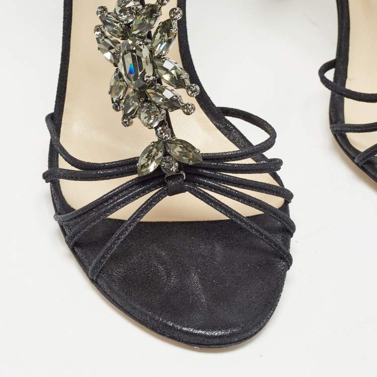 Pre Owned Jimmy Choo Black Nubuck Crystal Embellished T-Bar Ankle Strap Sandals Size 38.5