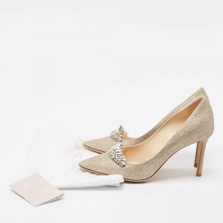 مملوكة مسبقًا Jimmy Choo Gold Glitter Crystal Embellished Romy Pumps Size 37