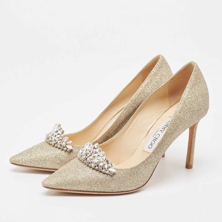 مملوكة مسبقًا Jimmy Choo Gold Glitter Crystal Embellished Romy Pumps Size 37