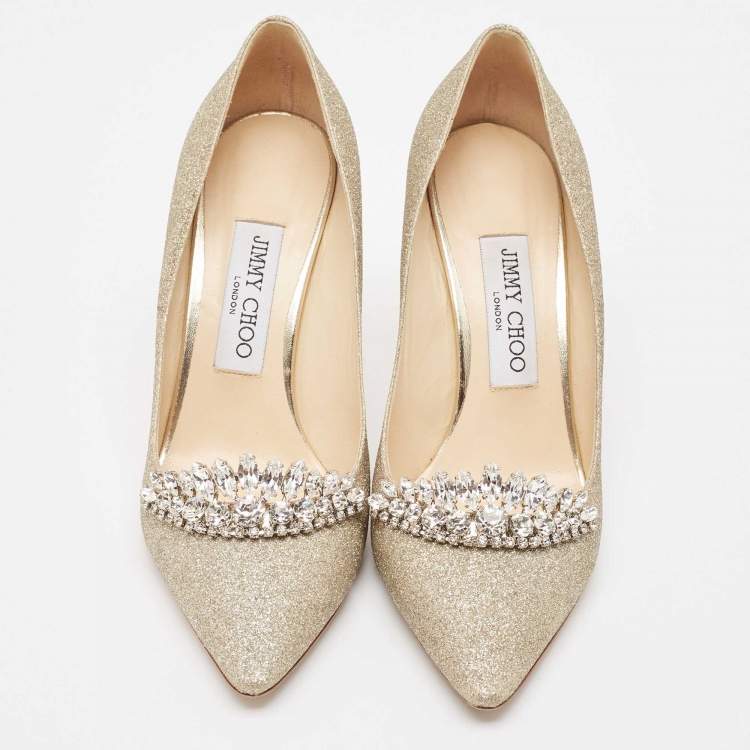 مملوكة مسبقًا Jimmy Choo Gold Glitter Crystal Embellished Romy Pumps Size 37
