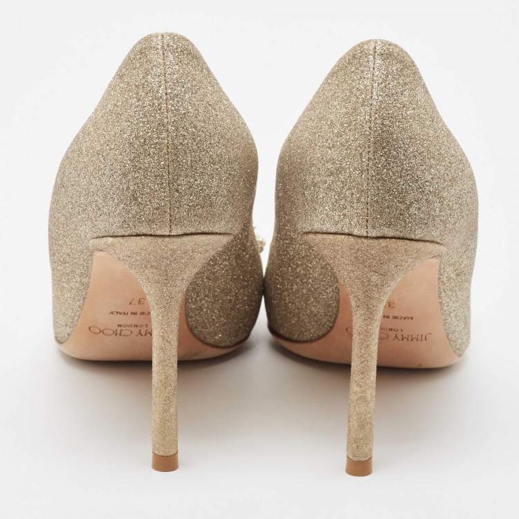 مملوكة مسبقًا Jimmy Choo Gold Glitter Crystal Embellished Romy Pumps Size 37