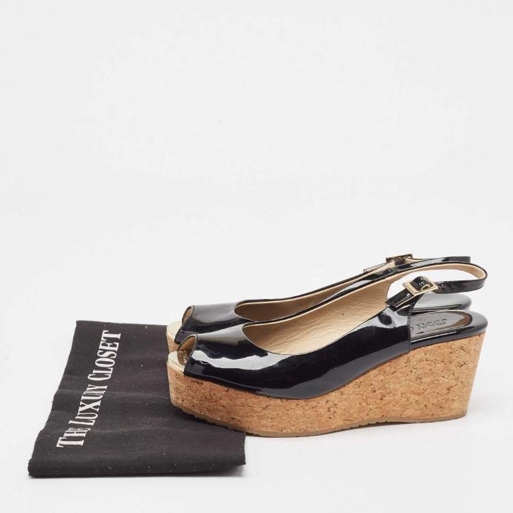 Pre Owned Jimmy Choo Black Patent Leather Prova Wedge Sandals Size 38