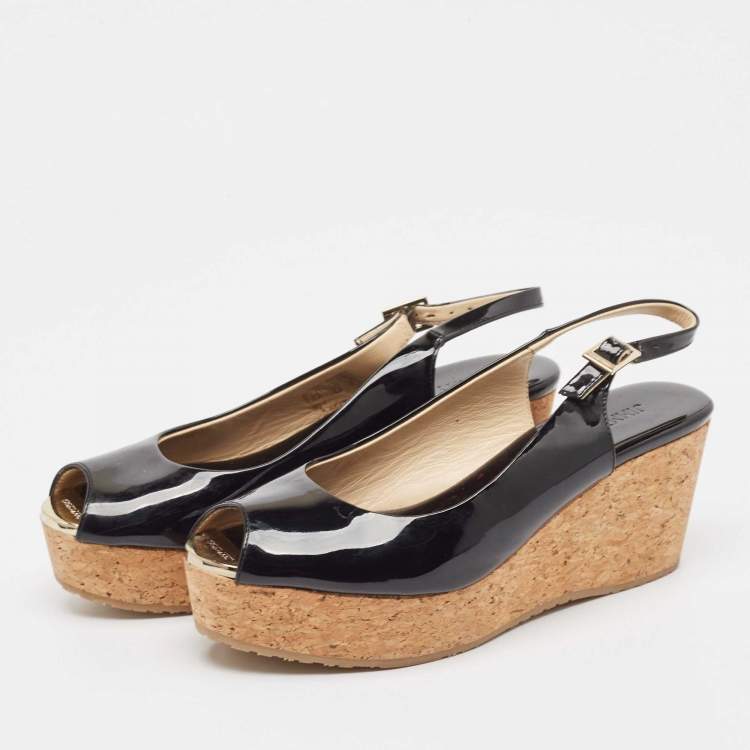 Pre Owned Jimmy Choo Black Patent Leather Prova Wedge Sandals Size 38