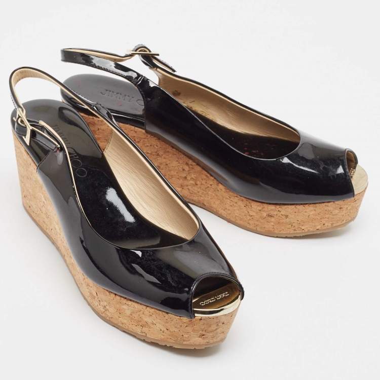 Pre Owned Jimmy Choo Black Patent Leather Prova Wedge Sandals Size 38