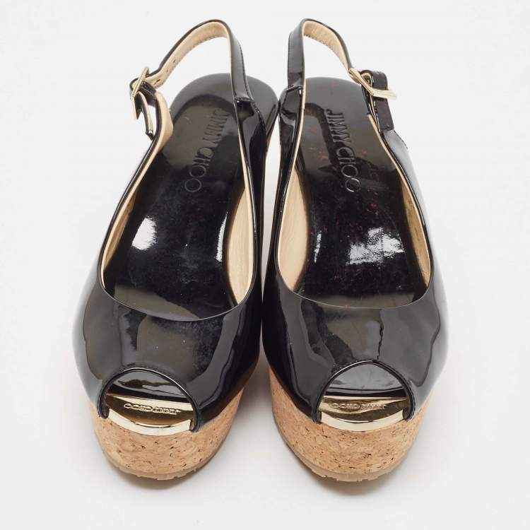 Pre Owned Jimmy Choo Black Patent Leather Prova Wedge Sandals Size 38