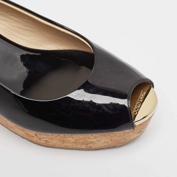 Pre Owned Jimmy Choo Black Patent Leather Prova Wedge Sandals Size 38