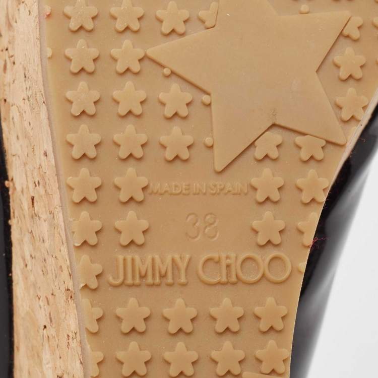 Pre Owned Jimmy Choo Black Patent Leather Prova Wedge Sandals Size 38