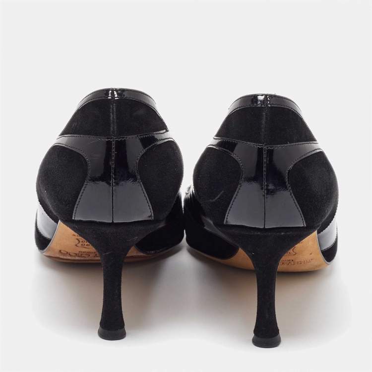 Pre Owned Jimmy Choo Black Suede and Patent Leather Pointed Toe Pumps Size 38.5