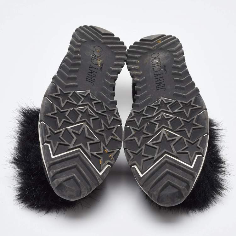 Pre Owned Jimmy Choo Black Knit Fabric and Fur Pom Pom Norway Slip On Sneakers Size 40