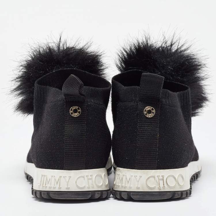 Pre Owned Jimmy Choo Black Knit Fabric and Fur Pom Pom Norway Slip On Sneakers Size 40