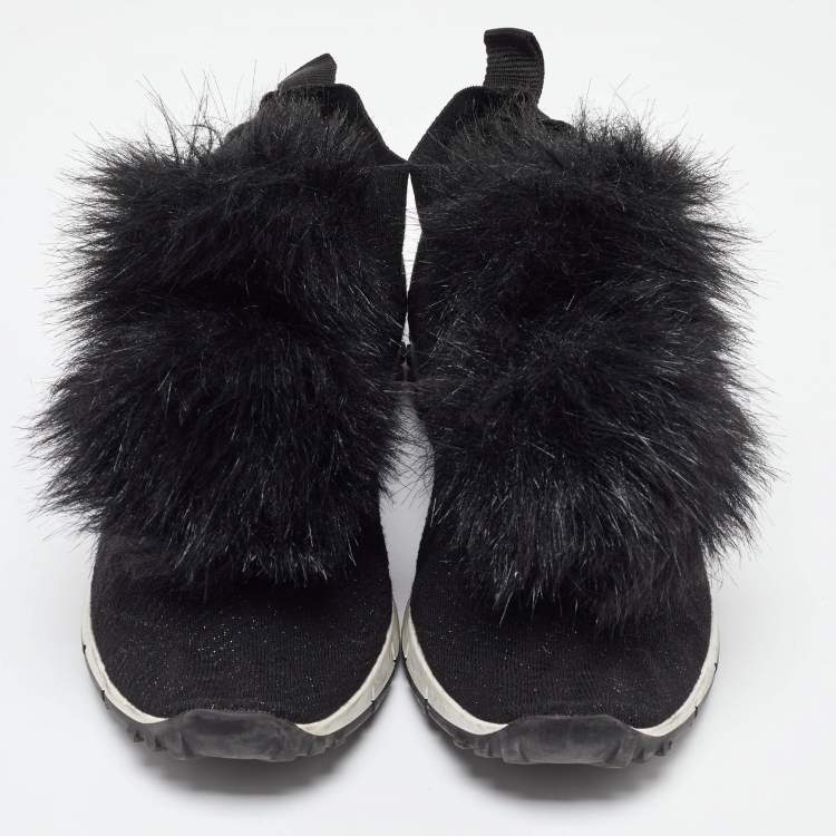 Pre Owned Jimmy Choo Black Knit Fabric and Fur Pom Pom Norway Slip On Sneakers Size 40