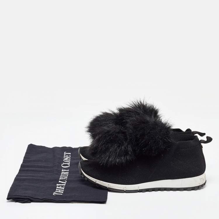 Pre Owned Jimmy Choo Black Knit Fabric and Fur Pom Pom Norway Slip On Sneakers Size 40