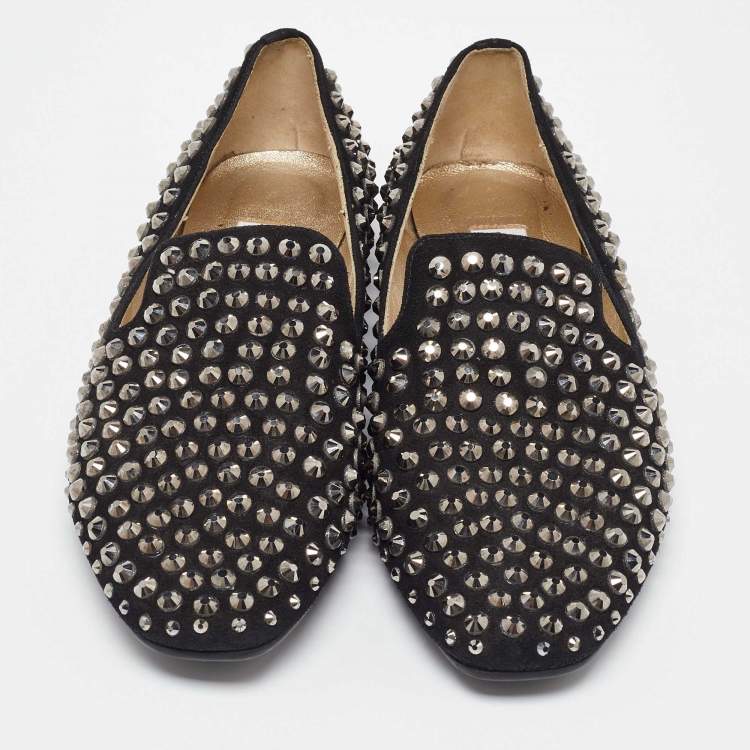 Pre Owned Jimmy Choo Black Suede Wheel Crystal Studded Smoking Slippers Size 35