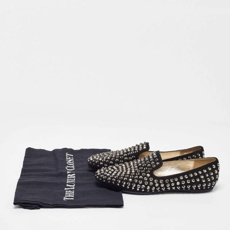 Pre Owned Jimmy Choo Black Suede Wheel Crystal Studded Smoking Slippers Size 35