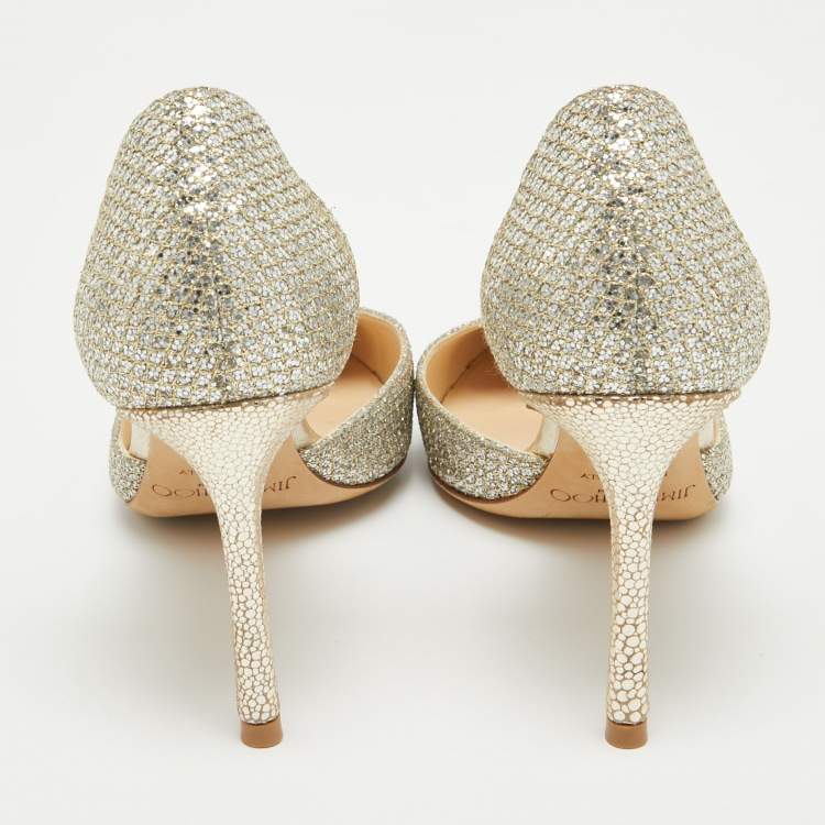 Pre Owned Jimmy Choo Silver Glitter Esther 85 Pointed Toe Pumps Size 36