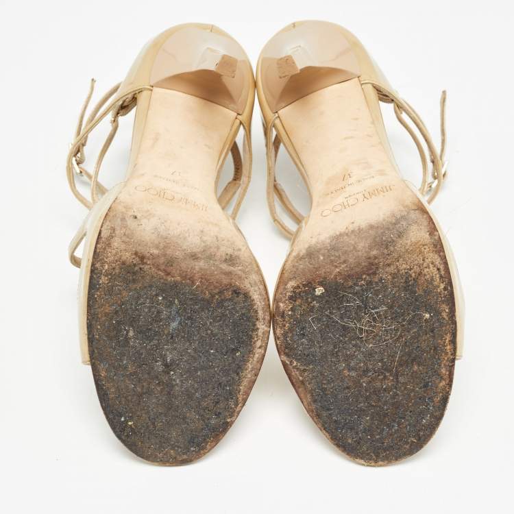 Pre Owned Jimmy Choo Beige Patent Leather Lance Sandals Size 37