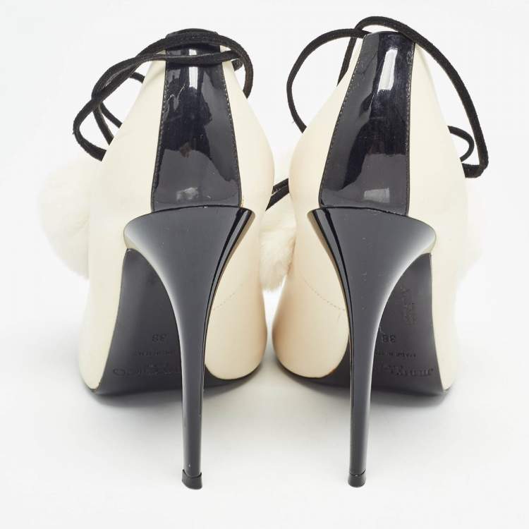 Pre Owned Jimmy Choo White/Black Fur and Leather Open Toe Pumps Size 38