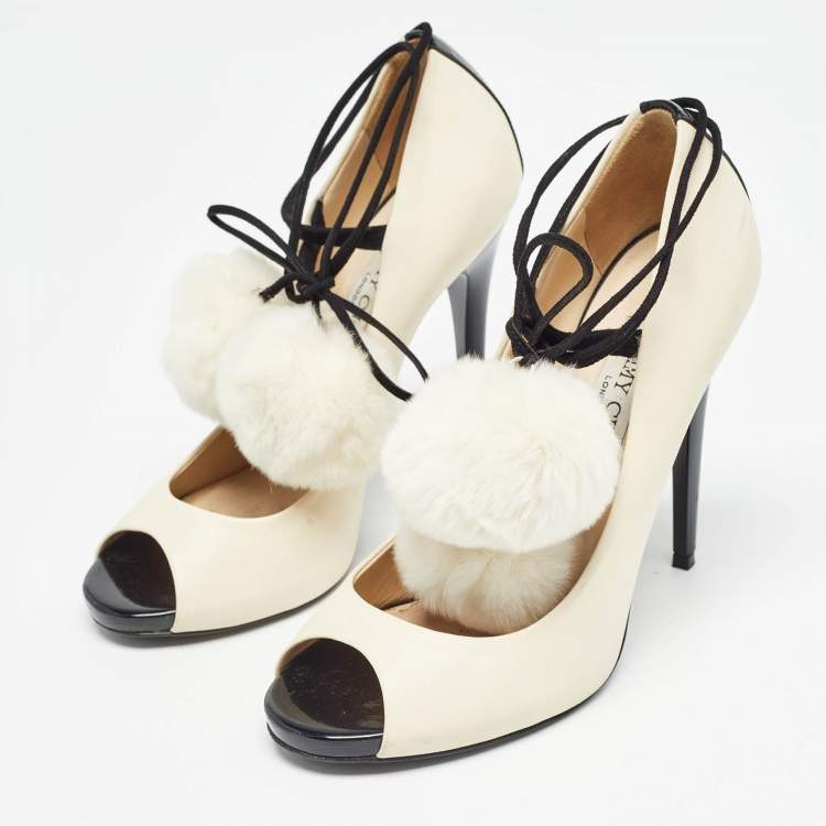 Pre Owned Jimmy Choo White/Black Fur and Leather Open Toe Pumps Size 38