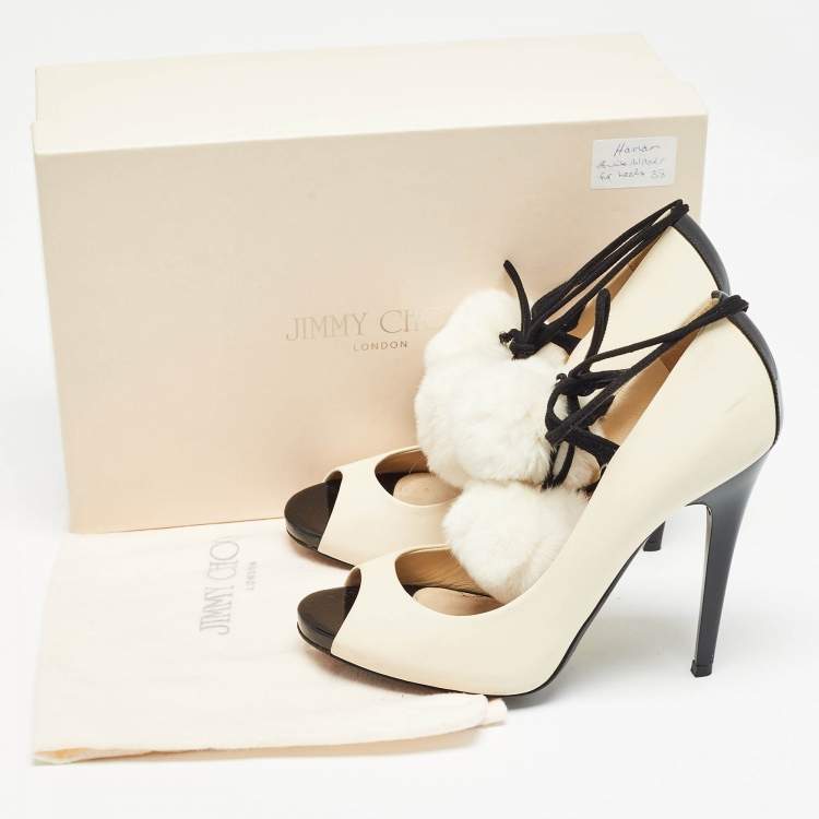 Pre Owned Jimmy Choo White/Black Fur and Leather Open Toe Pumps Size 38