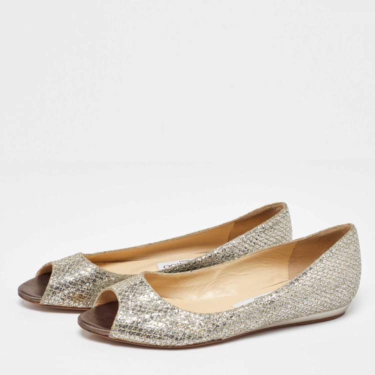 Pre Owned Jimmy Choo Two Tone Coarse Glitter Fabric Beck Peep Toe Flats Size 36