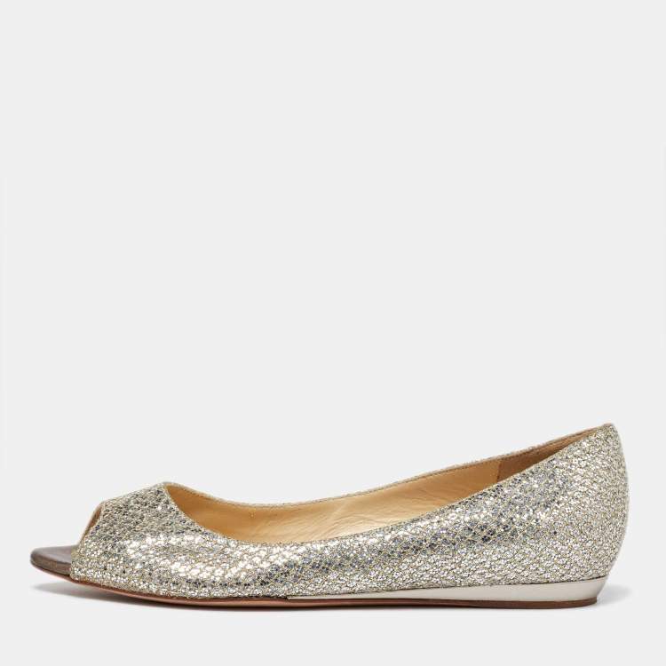 Pre Owned Jimmy Choo Two Tone Coarse Glitter Fabric Beck Peep Toe Flats Size 36