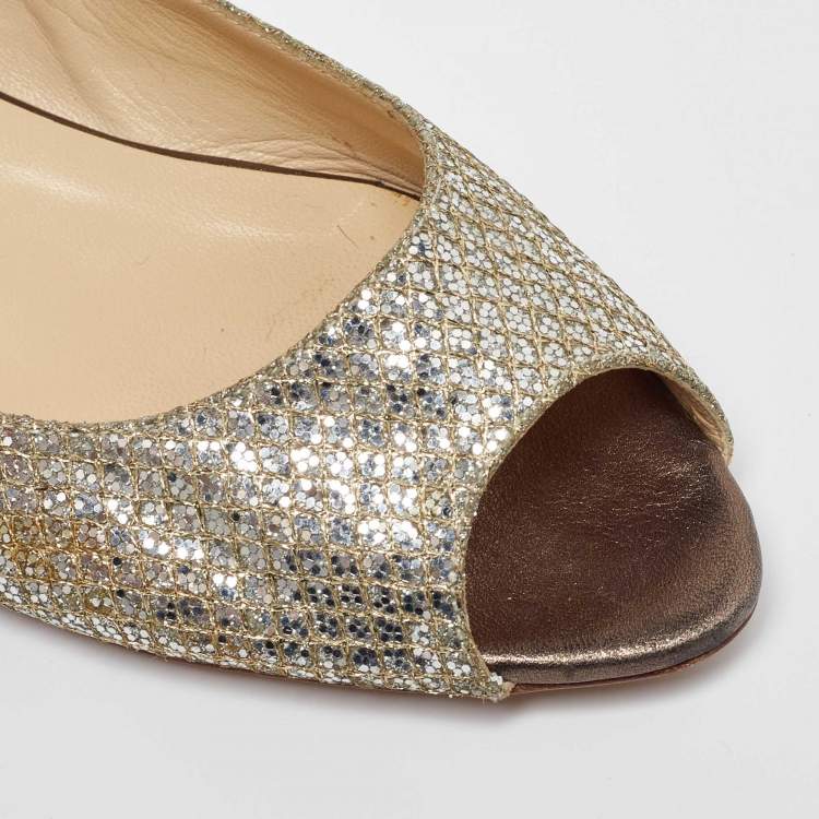Pre Owned Jimmy Choo Two Tone Coarse Glitter Fabric Beck Peep Toe Flats Size 36