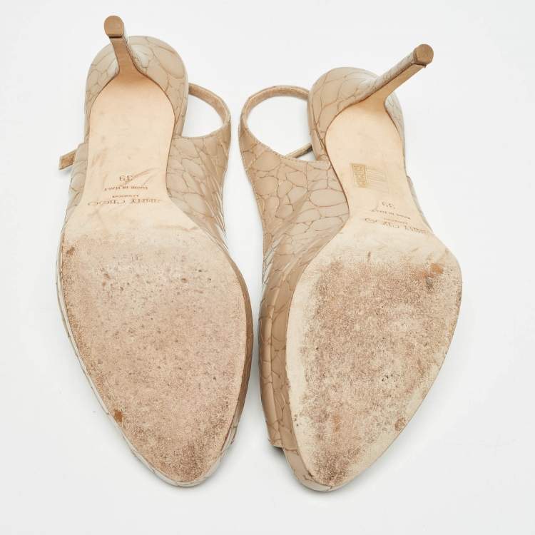 Pre Owned Jimmy Choo Beige Croc Embossed Leather Peep Toe Platform Slingback Sandals Size 39