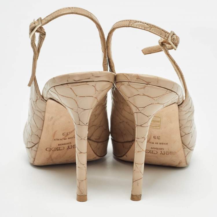 Pre Owned Jimmy Choo Beige Croc Embossed Leather Peep Toe Platform Slingback Sandals Size 39