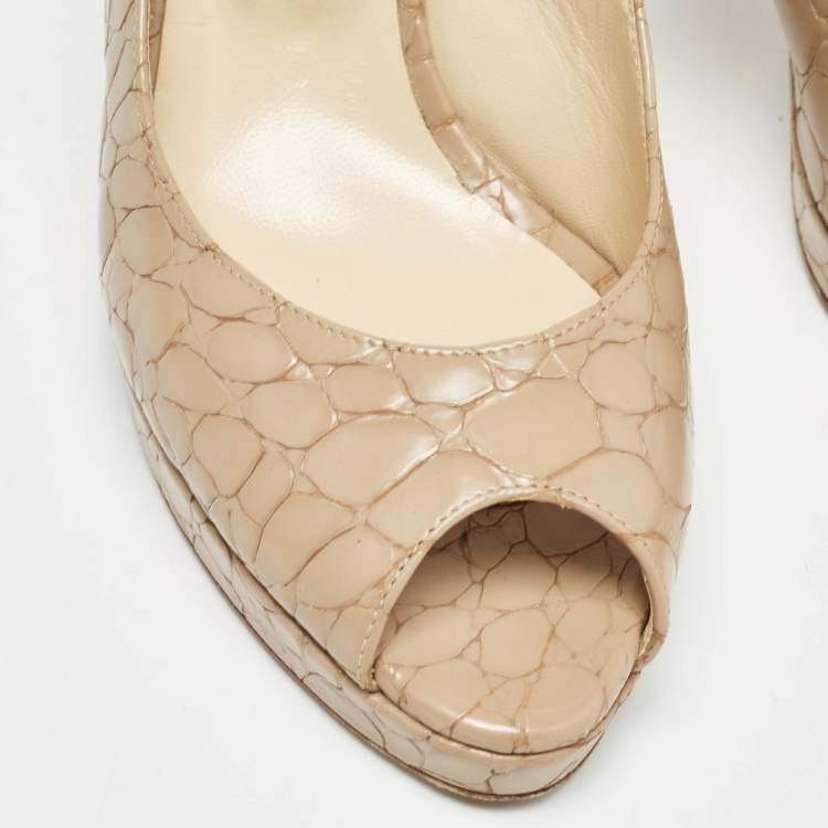 Pre Owned Jimmy Choo Beige Croc Embossed Leather Peep Toe Platform Slingback Sandals Size 39