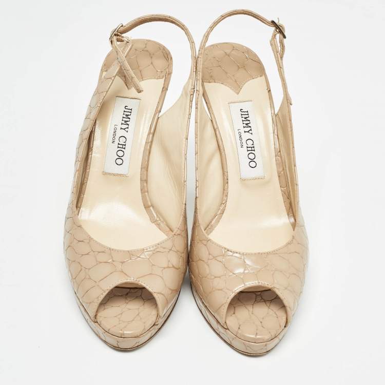 Pre Owned Jimmy Choo Beige Croc Embossed Leather Peep Toe Platform Slingback Sandals Size 39