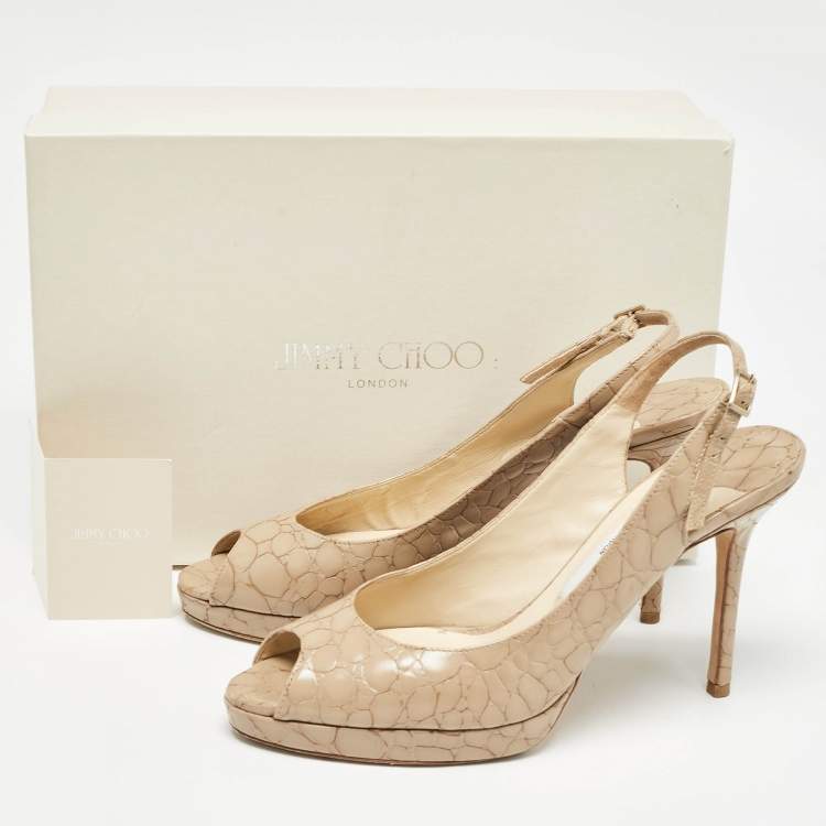 Pre Owned Jimmy Choo Beige Croc Embossed Leather Peep Toe Platform Slingback Sandals Size 39