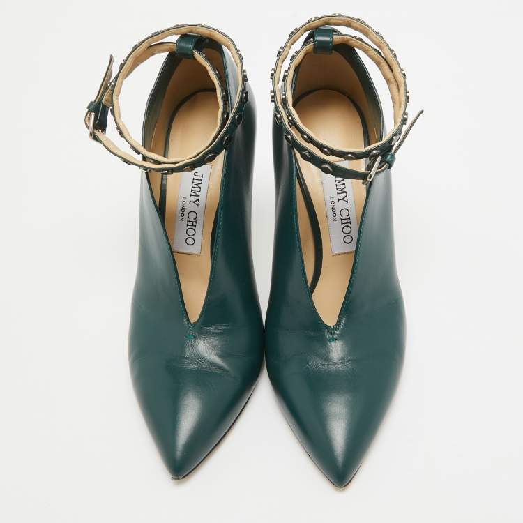 Pre Owned Jimmy Choo Green Leather Lark Ankle Strap Pumps Size 36.5
