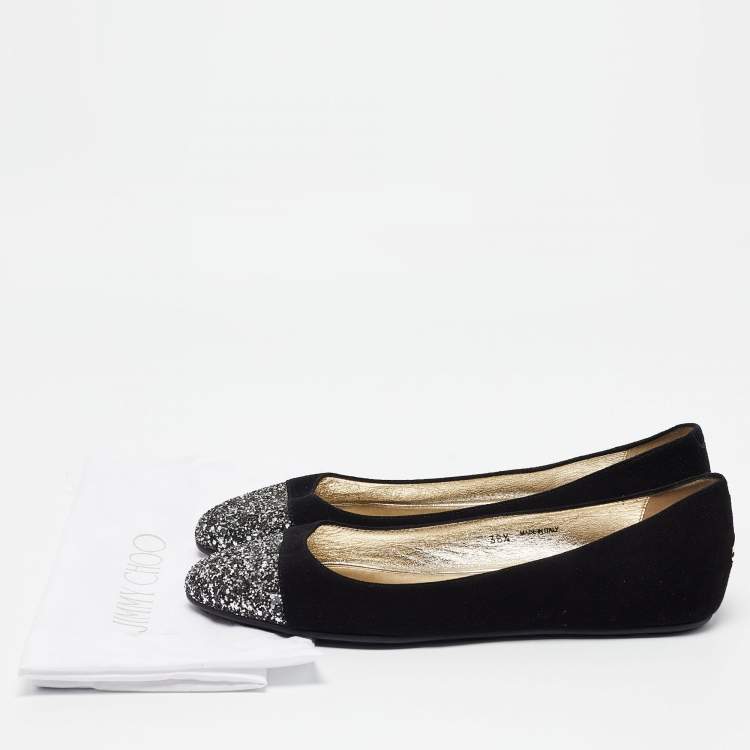 Pre Owned Jimmy Choo Black/Silver Suede and Glitter Ballet Flats Size 38.5