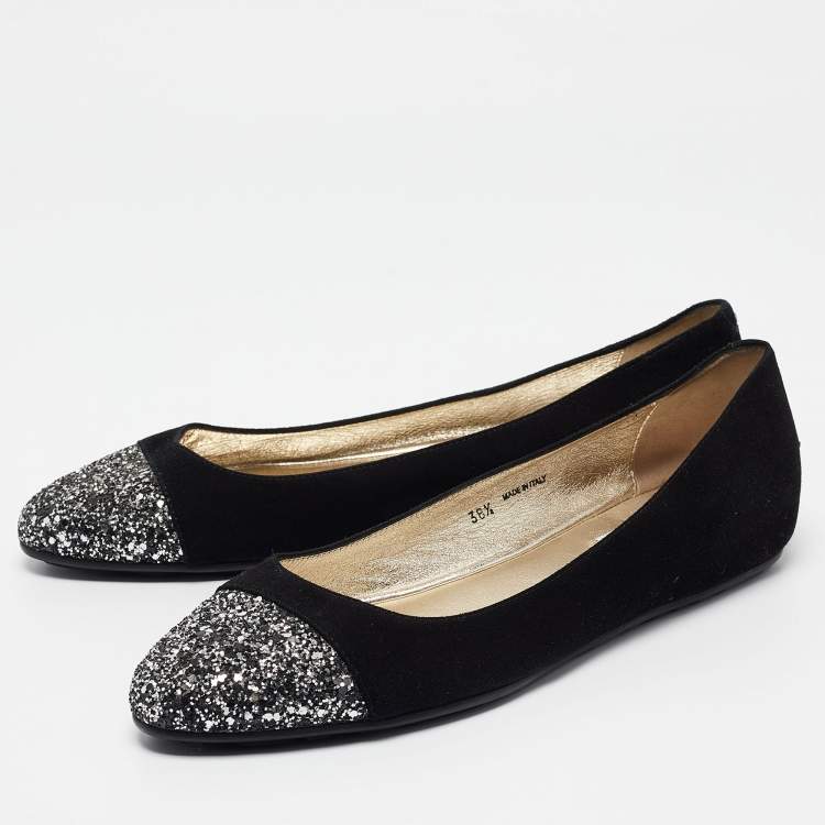 Pre Owned Jimmy Choo Black/Silver Suede and Glitter Ballet Flats Size 38.5