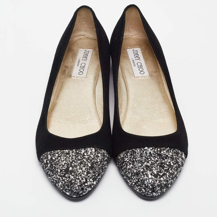 Pre Owned Jimmy Choo Black/Silver Suede and Glitter Ballet Flats Size 38.5