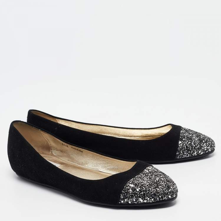 Pre Owned Jimmy Choo Black/Silver Suede and Glitter Ballet Flats Size 38.5
