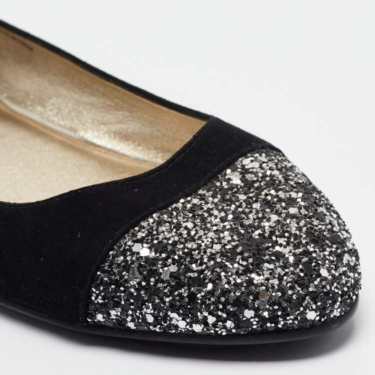 Pre Owned Jimmy Choo Black/Silver Suede and Glitter Ballet Flats Size 38.5