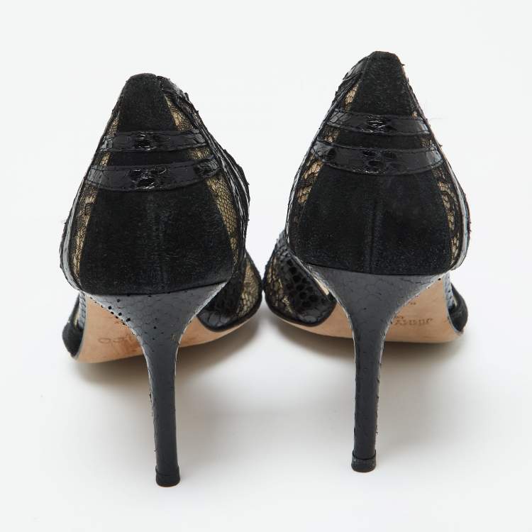 Pre Owned Jimmy Choo Black Lace, Suede and Watersnake Leather Pumps Size 38.5