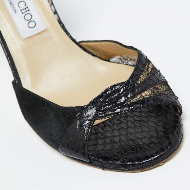 Pre Owned Jimmy Choo Black Lace, Suede and Watersnake Leather Pumps Size 38.5