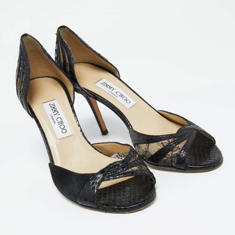 Pre Owned Jimmy Choo Black Lace, Suede and Watersnake Leather Pumps Size 38.5