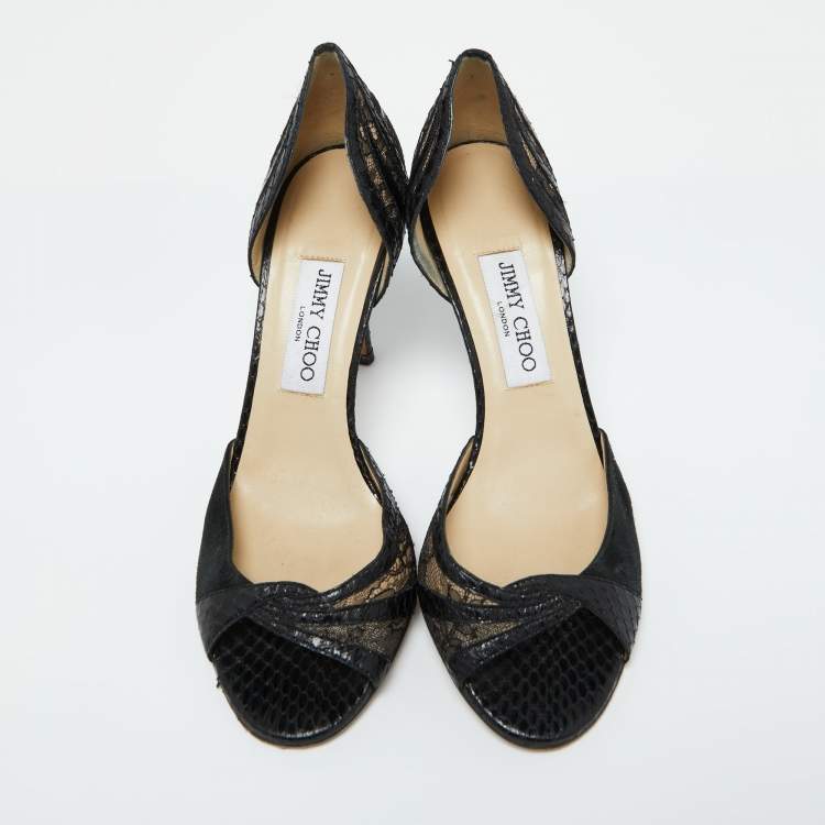 Pre Owned Jimmy Choo Black Lace, Suede and Watersnake Leather Pumps Size 38.5