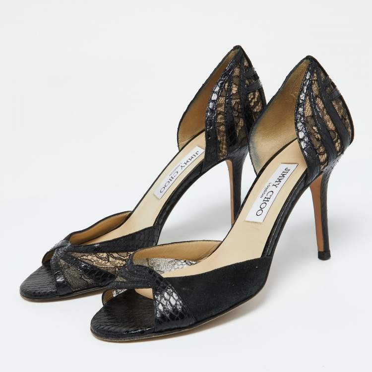 Pre Owned Jimmy Choo Black Lace, Suede and Watersnake Leather Pumps Size 38.5