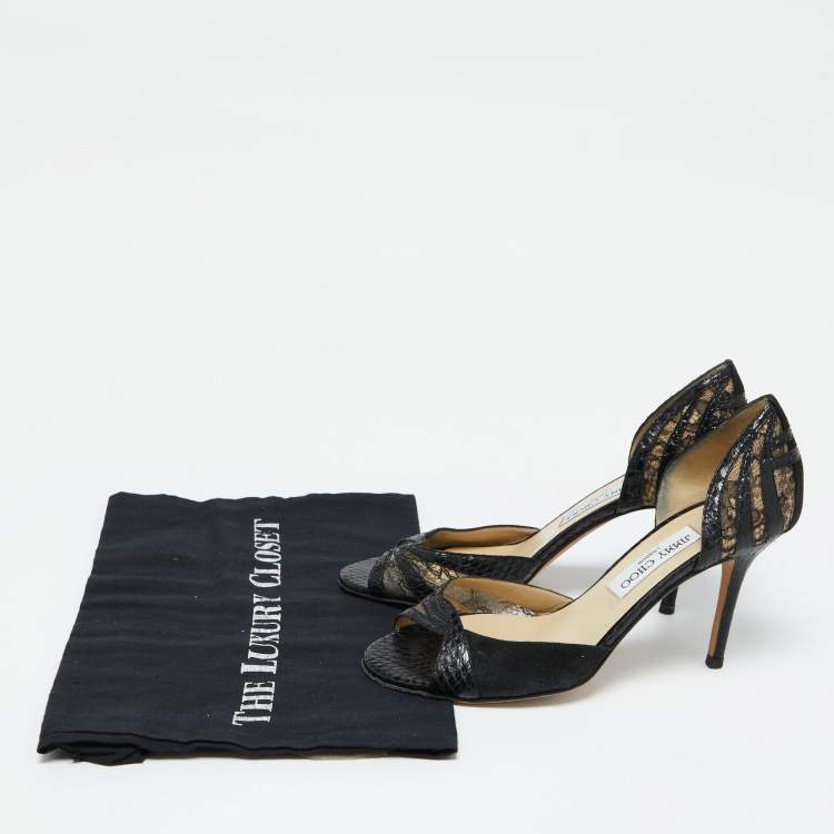 Pre Owned Jimmy Choo Black Lace, Suede and Watersnake Leather Pumps Size 38.5