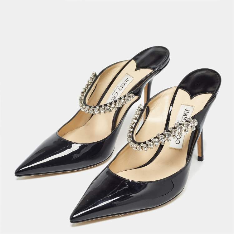 Pre Owned Jimmy Choo Black Patent Leather Crystal Embellished Bing Mules Size 41
