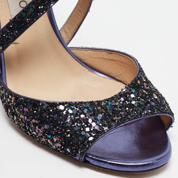 Pre Owned Jimmy Choo Purple Coarse Glitter Carrie Sandals Size 40