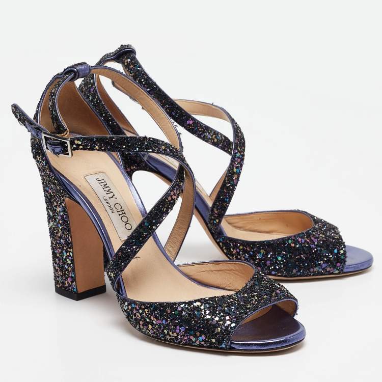 Pre Owned Jimmy Choo Purple Coarse Glitter Carrie Sandals Size 40
